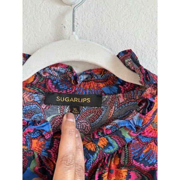 Sugarlips Raveena Midnight Malbec Ruffle Button Up Poplin Blouse Women’s Size XL - Picture 12 of 15